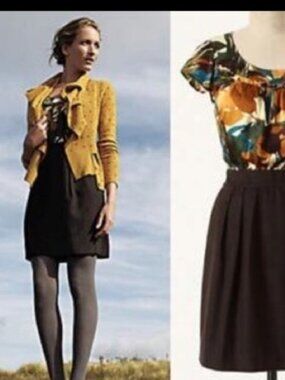 Anthropologie Tabitha Mixed Media "Tweedy Leaves" Dress Sz 8 Silk